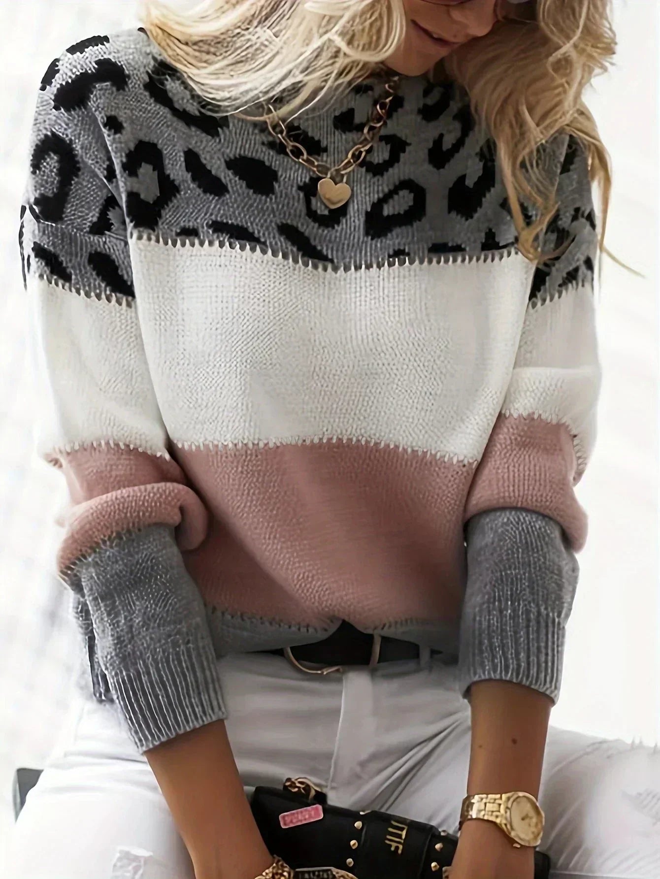 Arianie | Chic Leopard Color-Block Sweater