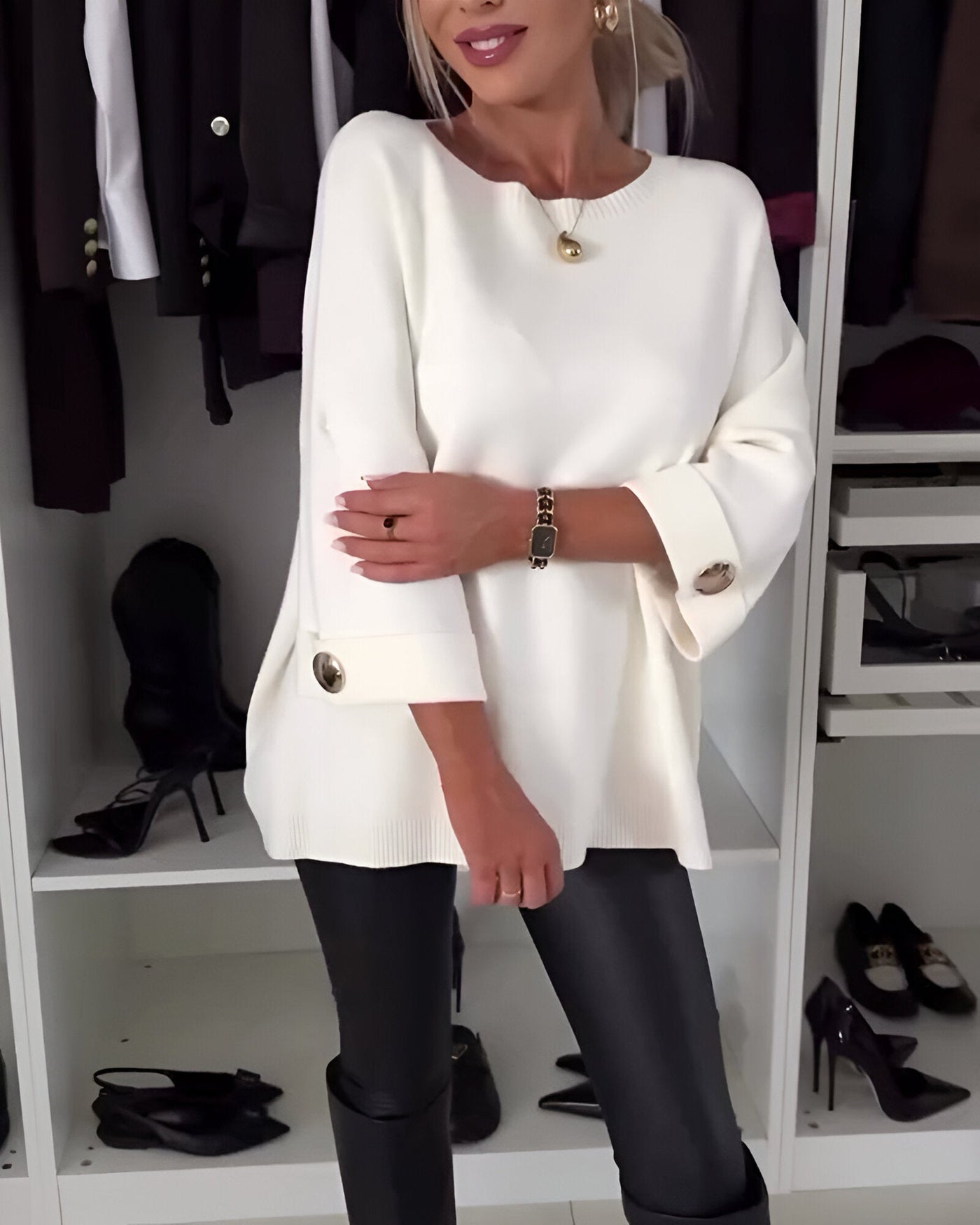 Luciena | Elegant Metal-Button Cuff Sweater