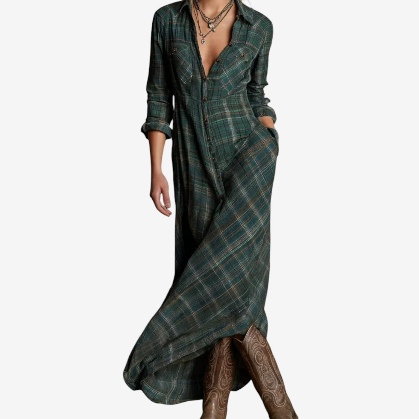 winstone | Plaid Maxi Shirt Dress in Boho Style